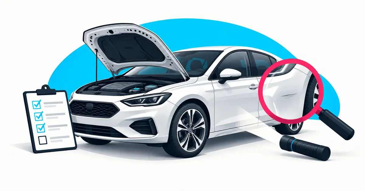Une voiture d’occasion inspectée avec un procès-verbal de contrôle technique et une liste de vérifications.