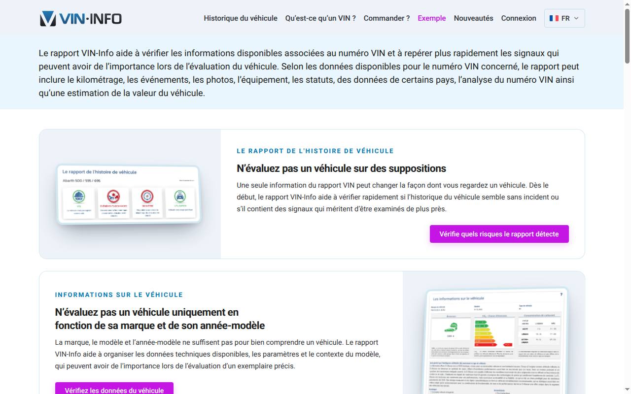 Exemple de rapport d'historique de véhicule VIN-Info